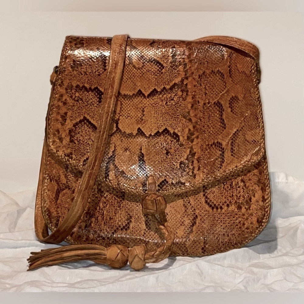 Women’s VINTAGE Snake skin‎ Leather Tan hippie boho crossbody/shoulder bag
